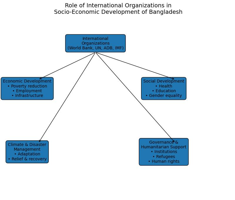 What are the role of international organisations in the socio economic development